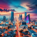 A vibrant skyline of Bengaluru at dusk, featuring modern skyscrapers, bustling streets, and tech company logos, symbolizing a thriving global tech hub.