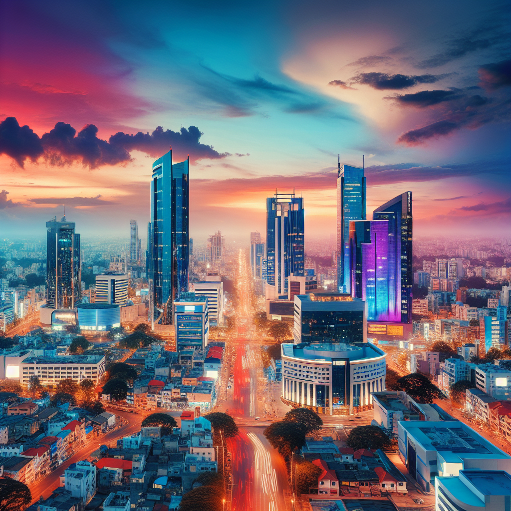 A vibrant skyline of Bengaluru at dusk, featuring modern skyscrapers, bustling streets, and tech company logos, symbolizing a thriving global tech hub.