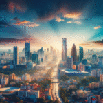 A modern Bengaluru skyline with tall office buildings, bustling commercial activity, and a vibrant cityscape under a clear blue sky.