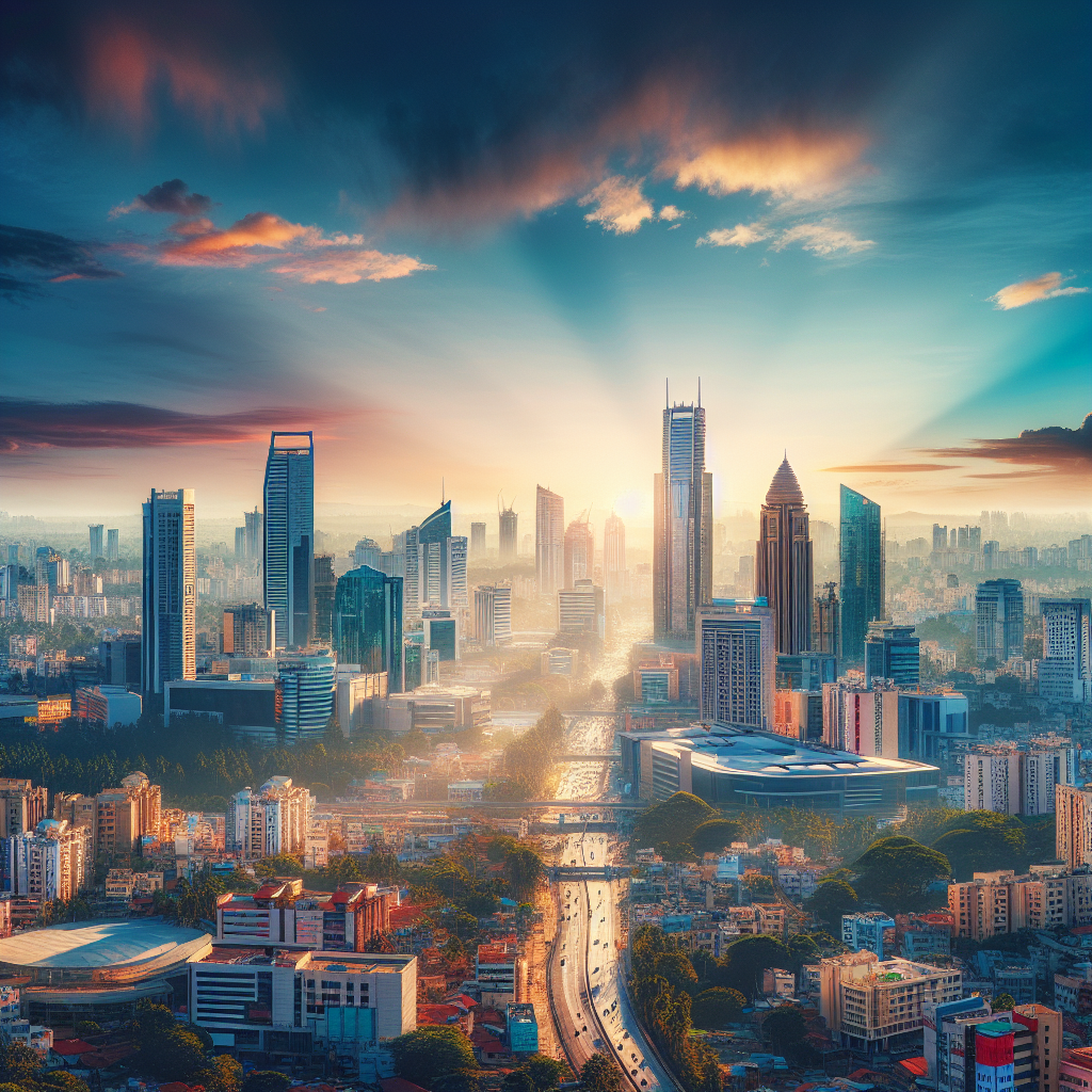 A modern Bengaluru skyline with tall office buildings, bustling commercial activity, and a vibrant cityscape under a clear blue sky.