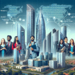 A modern Bengaluru city skyline with tech office buildings, fresh graduates celebrating new jobs, and a digital map highlighting global capability centres.
