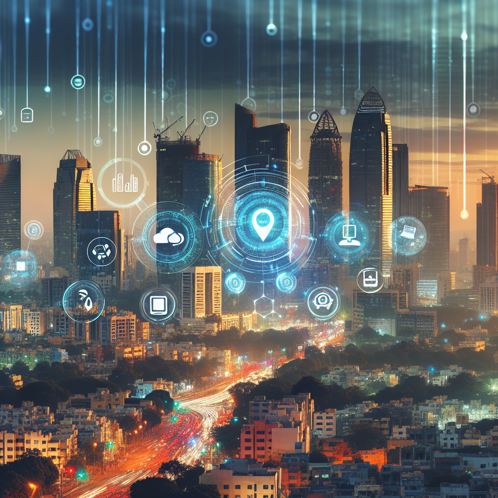 A modern city skyline with digital data overlays, highlighting several vibrant tech hubs across India beyond Bengaluru.