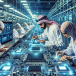 A modern electronics manufacturing plant in the GCC region, featuring advanced semiconductor chip production lines, engineers inspecting microchips, and a backdrop of futuristic technology.