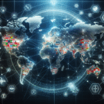 A digital world map with interconnected lines, highlighting technological hubs and national flags to illustrate global technological dominance.