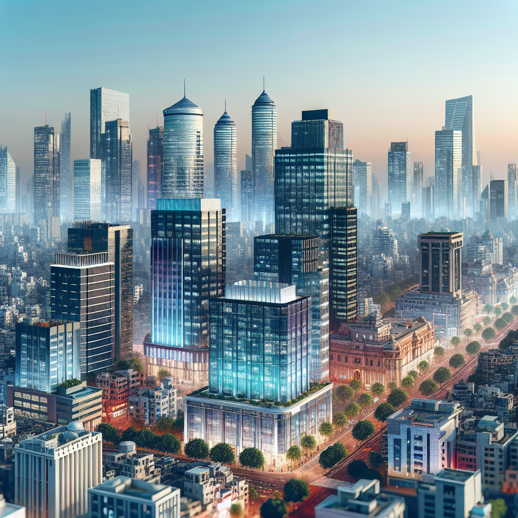 A modern, bustling Indian city skyline with high-rise office buildings, featuring sleek glass facades and vibrant business activity, symbolizing global capability centres.