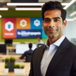 Professional portrait of Kiran Cherukuri, business attire, modern office background, vibrant HCLTech branding, welcoming atmosphere.