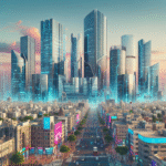 Modern Hyderabad skyline with prominent commercial office buildings, bustling business district, and vibrant city life, reflecting economic growth in 2025.