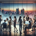 A modern office space in India with diverse professionals collaborating, digital screens showing growth charts, and a city skyline in the background.