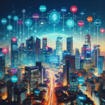 A modern Indian city skyline with global corporate logos, digital network lines connecting across Asia-Pacific, vibrant colors, and dynamic business activity.
