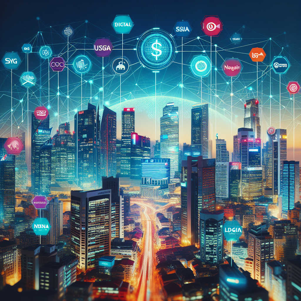 A modern Indian city skyline with global corporate logos, digital network lines connecting across Asia-Pacific, vibrant colors, and dynamic business activity.