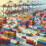 A bustling Indian port with diverse cargo containers, cranes, and workers, showcasing advanced logistics and a vibrant, modern supply chain.