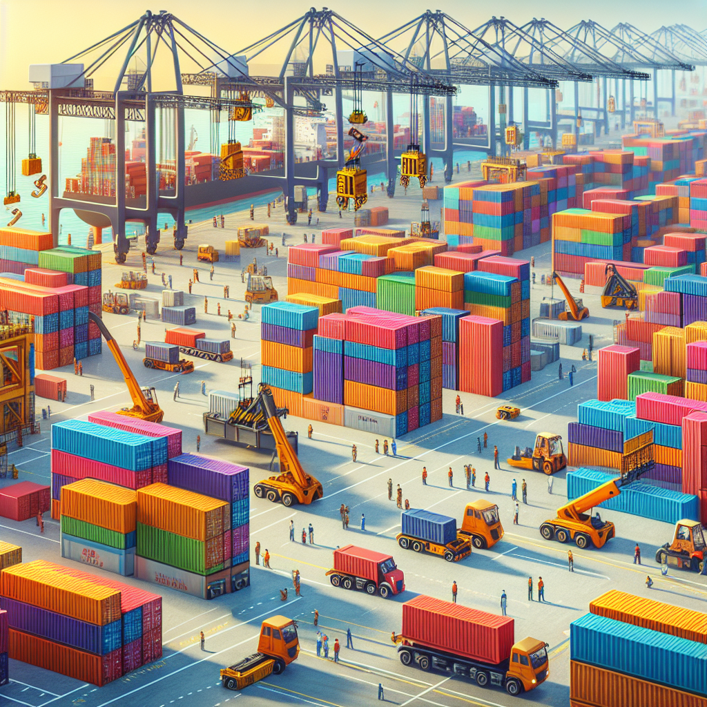 A bustling Indian port with diverse cargo containers, cranes, and workers, showcasing advanced logistics and a vibrant, modern supply chain.