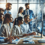 A modern Indian business team in an office, analyzing market data with digital charts showing a shift from global to domestic markets, reflecting trade concerns.