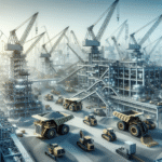 A modern construction site with advanced mining and construction equipment, cranes, and excavators working together under a clear sky, symbolizing industry growth.