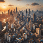 Aerial view of modern Mumbai skyline with high-rise office buildings and bustling commercial districts during sunset.