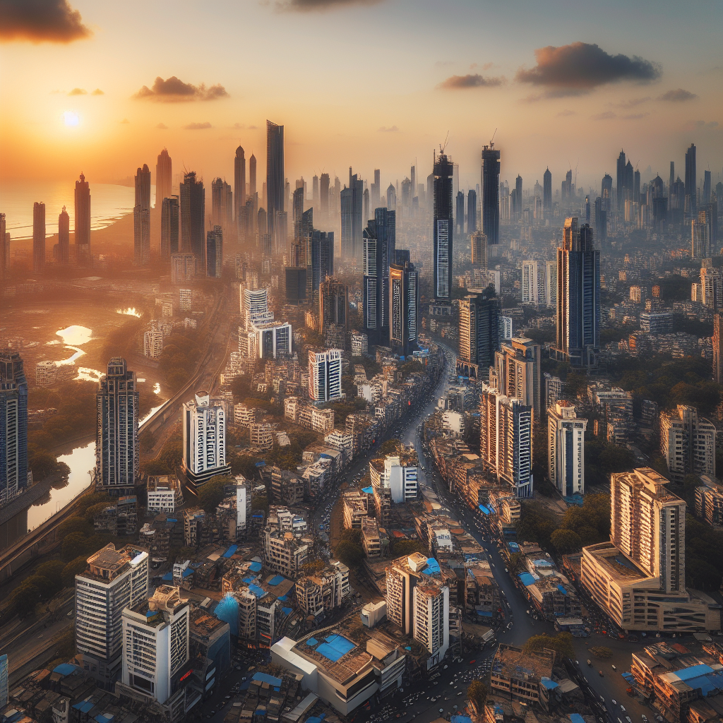 Aerial view of modern Mumbai skyline with high-rise office buildings and bustling commercial districts during sunset.