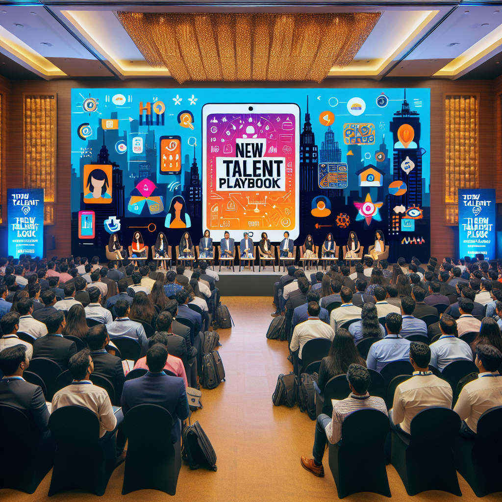 A vibrant conference hall in Mumbai filled with diverse HR and tech professionals, showcasing banners of SHRM Tech 2.0 and LinkedIn, with a digital screen displaying the new talent playbook.