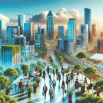 A modern office skyline in a vibrant South Indian city, bustling with business professionals and lush greenery, symbolizing economic growth in 2025.