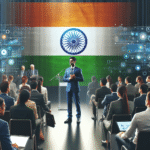 A dynamic business leader addressing a high-tech conference, with the Indian flag in the background and diverse professionals engaged in discussion.