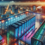 A modern data centre facility in a Tier II Indian city, with rows of servers, advanced cooling systems, and cityscape in the background, vibrant lighting.