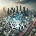 A modern cityscape of Noida, Lucknow, and Varanasi with digital technology icons, business professionals, and futuristic buildings, symbolizing tech innovation.