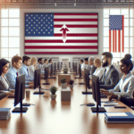 A professional office setting with diverse employees reviewing job postings on computers, Walmart logo visible, hopeful atmosphere, US and India flags present.