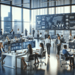 A modern office in India with diverse professionals collaborating around screens displaying artificial intelligence and automation workflows.