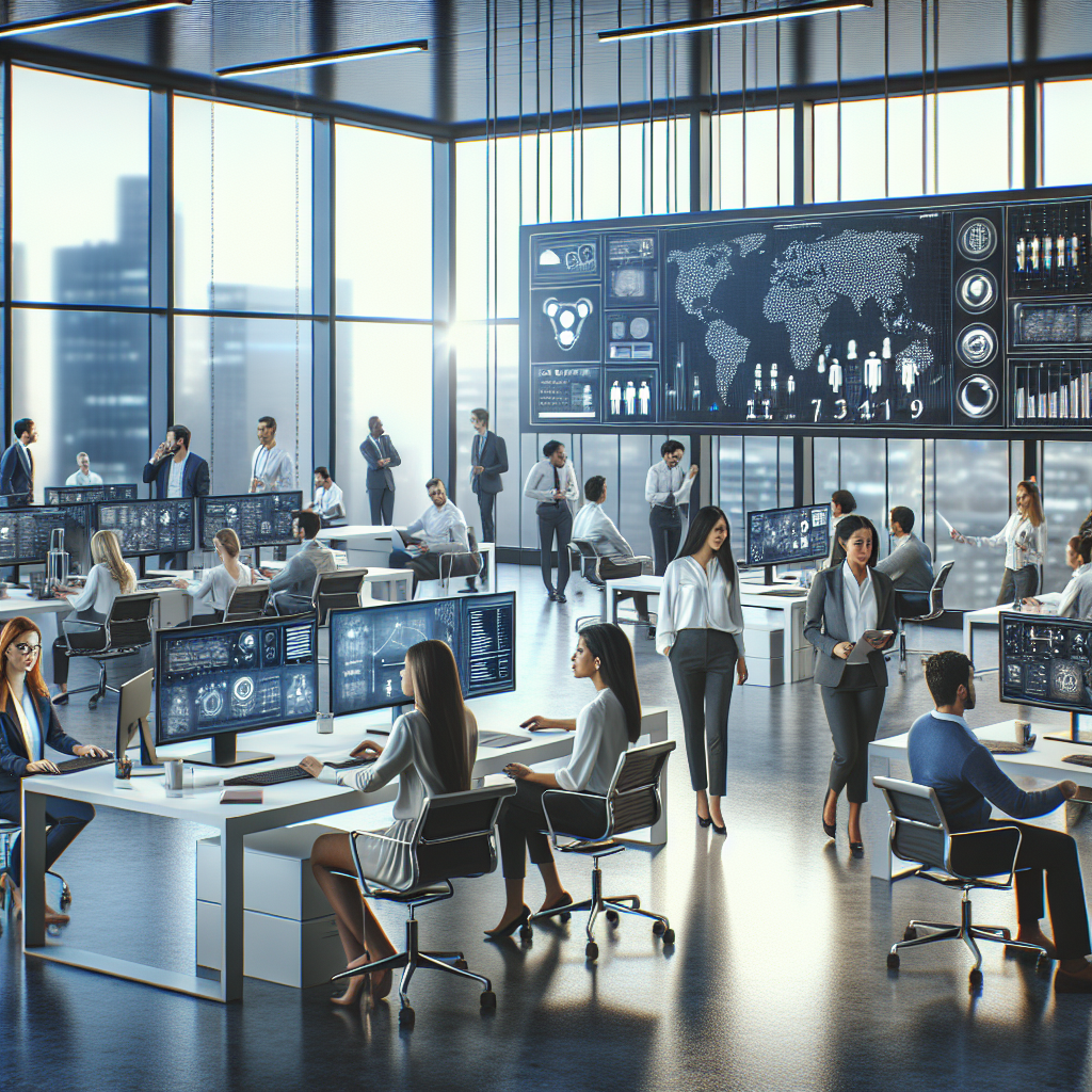 A modern office in India with diverse professionals collaborating around screens displaying artificial intelligence and automation workflows.