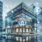 A modern office building with the Knowledge Realty Trust and Blackstone-Sattva logos, surrounded by financial growth charts and Indian currency symbols.