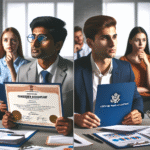 A split image showing an Indian CA certificate on one side and a U.S. CPA certificate on the other, with students considering their options in a modern office.