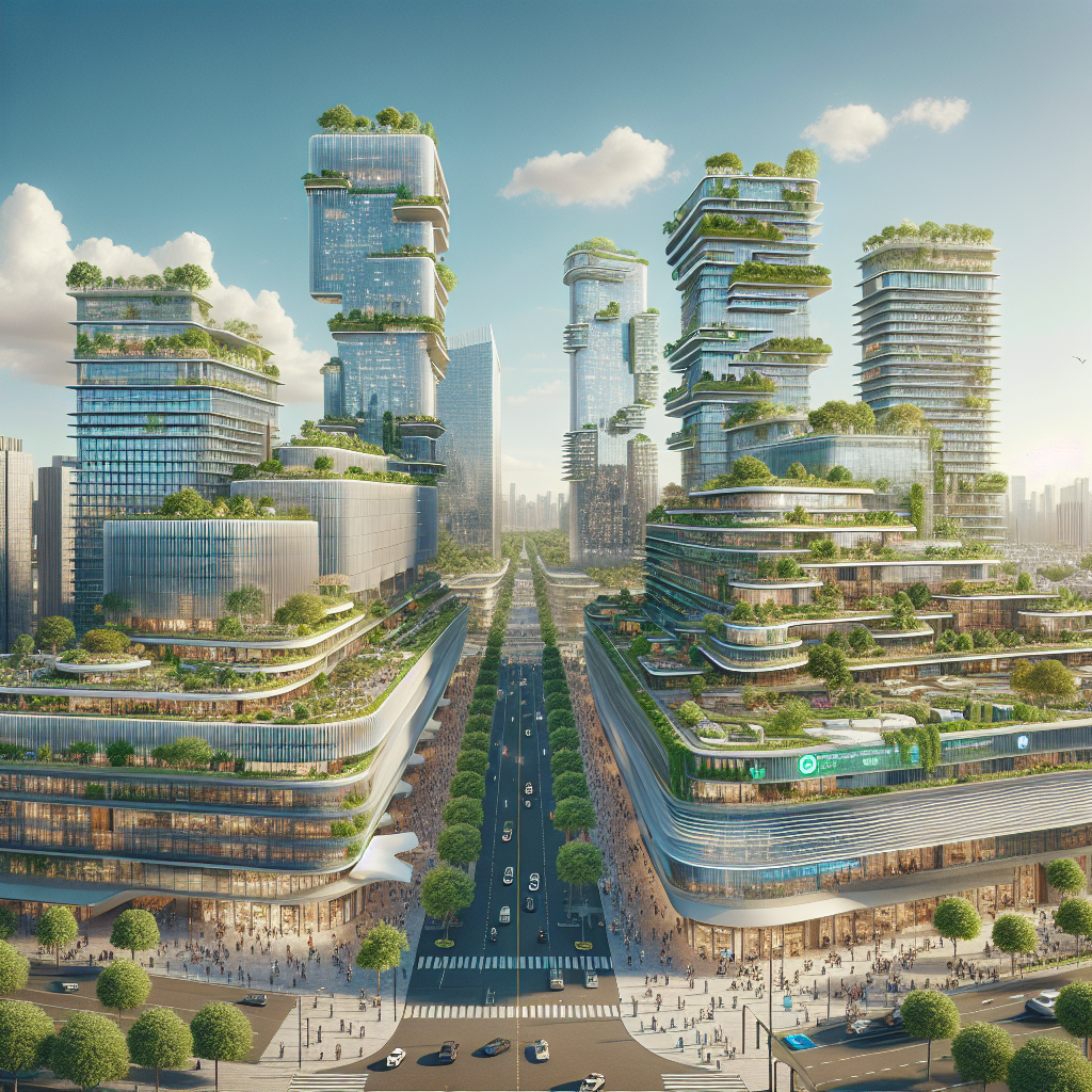 A futuristic cityscape of Delhi NCR featuring modern skyscrapers with visible green certifications, rooftop gardens, and sustainable architectural elements.