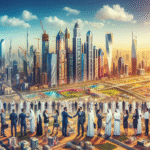 A dynamic skyline of major GCC cities, with construction cranes, political buildings, and business people shaking hands, symbolizing competition and political strategy.