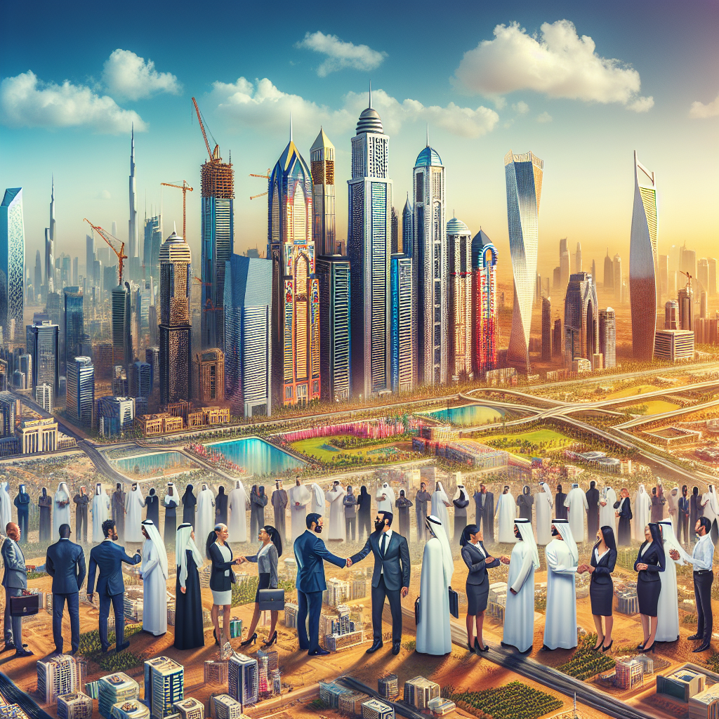 A dynamic skyline of major GCC cities, with construction cranes, political buildings, and business people shaking hands, symbolizing competition and political strategy.