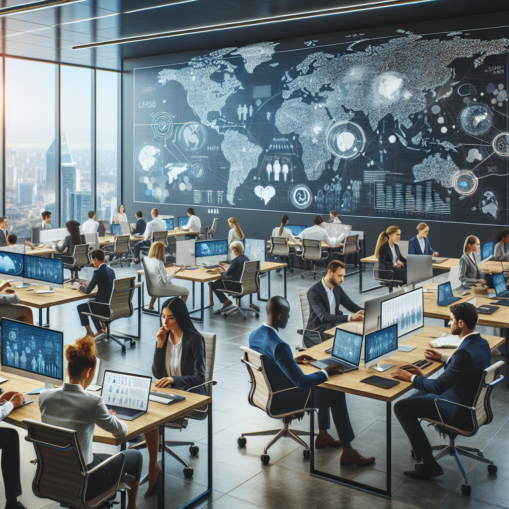 Modern corporate office with diverse professionals engaged in training, digital devices, and global connectivity elements, representing upskilling for global growth.