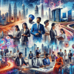 A dynamic collage of Indian business professionals, modern tech hubs, and global city skylines symbolizing India’s growing influence in global business.