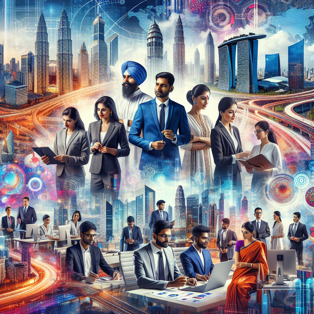 A dynamic collage of Indian business professionals, modern tech hubs, and global city skylines symbolizing India’s growing influence in global business.
