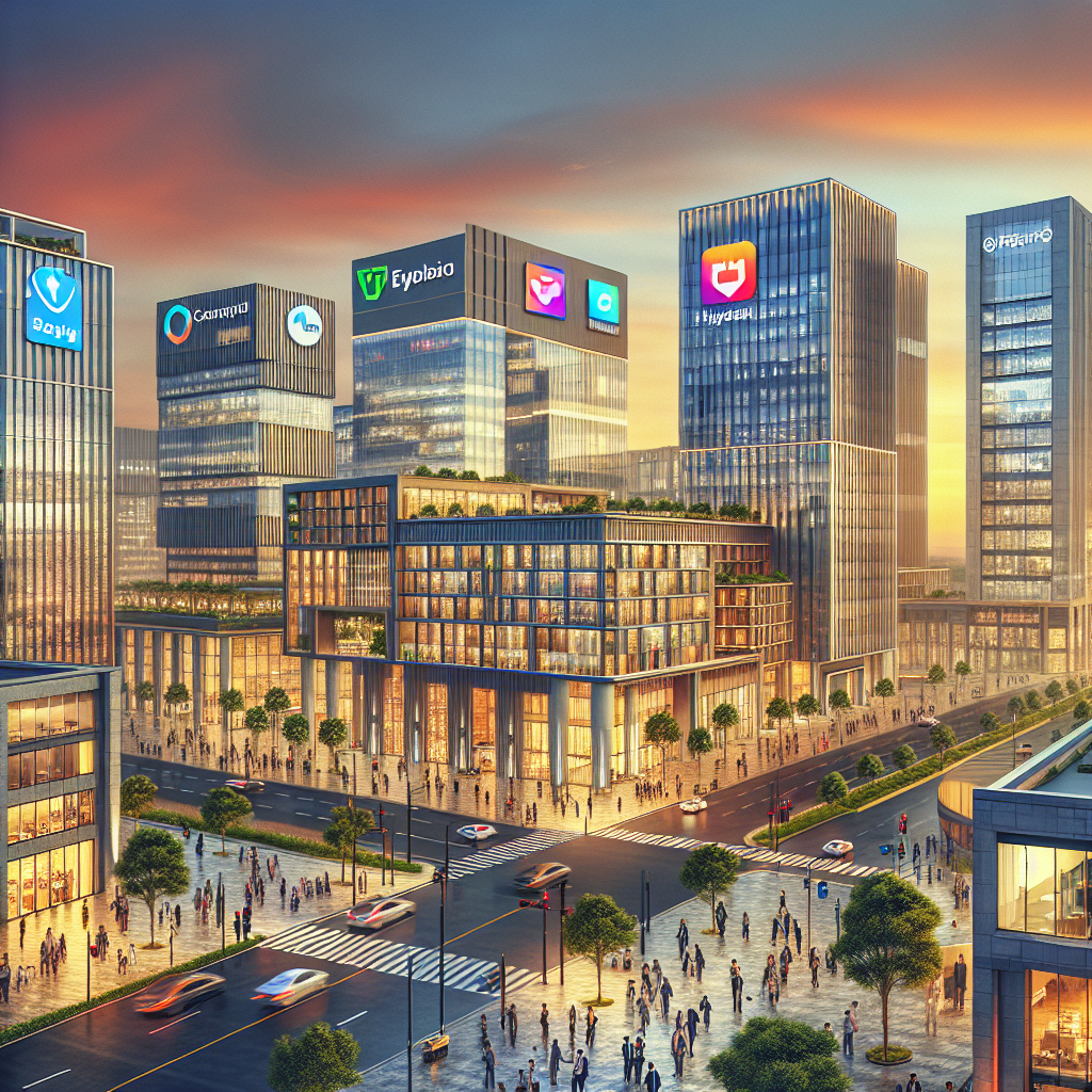 A modern skyline of Hyderabad with high-rise office buildings, bustling business activity, and logos of global companies, representing a thriving tech hub.