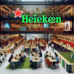 A modern office building in Hyderabad with Heineken branding, bustling with diverse young professionals working on laptops in a vibrant digital hub environment.