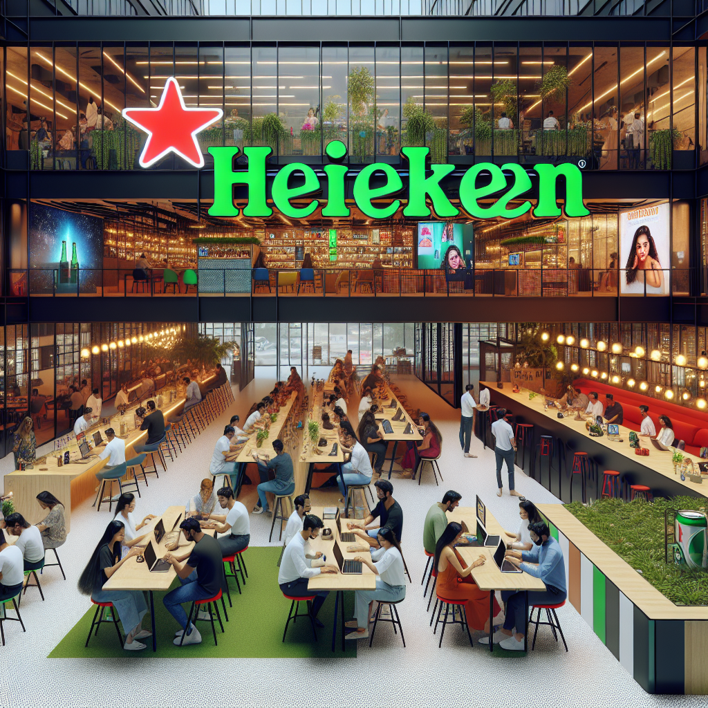 A modern office building in Hyderabad with Heineken branding, bustling with diverse young professionals working on laptops in a vibrant digital hub environment.