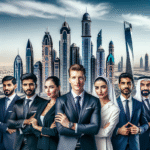 A confident group of chartered accountants in business attire with Dubai’s skyline and iconic GCC landmarks in the background, symbolizing career growth.