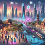 A futuristic cityscape of India with digital technology icons, modern infrastructure, vibrant colors, and people using smartphones and laptops.