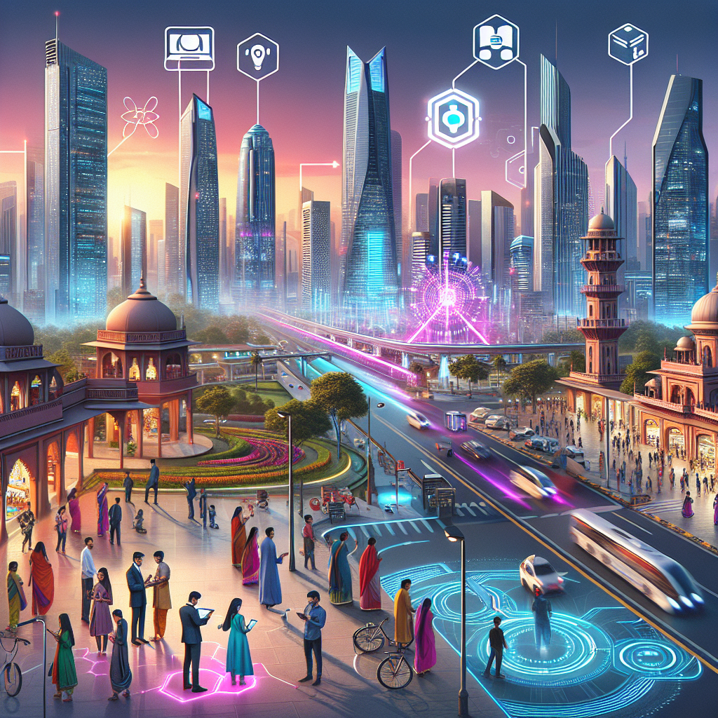 A futuristic cityscape of India with digital technology icons, modern infrastructure, vibrant colors, and people using smartphones and laptops.