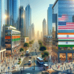 Modern office buildings in a bustling Indian cityscape, with US and Indian flags subtly incorporated to symbolize international business growth.