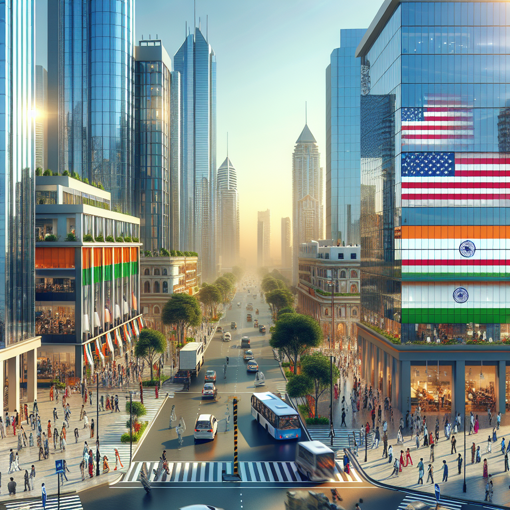Modern office buildings in a bustling Indian cityscape, with US and Indian flags subtly incorporated to symbolize international business growth.