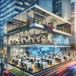 Modern office buildings in a bustling Indian city, showcasing innovative tech teams collaborating in bright, high-tech workspaces, symbolizing GCC sector growth.