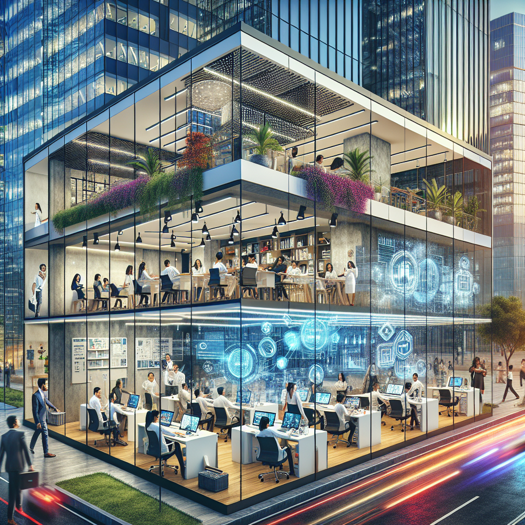 Modern office buildings in a bustling Indian city, showcasing innovative tech teams collaborating in bright, high-tech workspaces, symbolizing GCC sector growth.