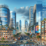 A modern Indian city skyline with bustling office buildings and commercial towers, reflecting vibrant business activity and growth.