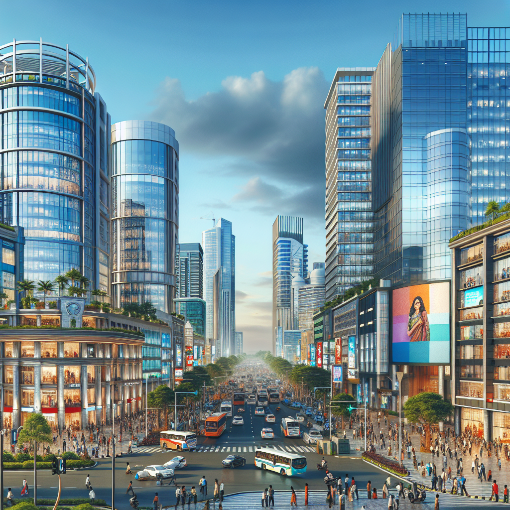 A modern Indian city skyline with bustling office buildings and commercial towers, reflecting vibrant business activity and growth.