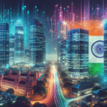 A modern Indian city skyline with tall glass office buildings, digital data streams, and UK and Indian flags blending together, symbolizing global tech collaboration.