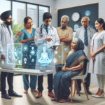 A diverse group of Indian doctors and patients interacting with advanced digital health technology in a modern clinic, symbolizing accessible healthcare.